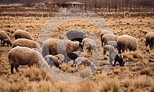 Sheep grazing in a dry grassland in Tupungato, Mendoza, Argentina