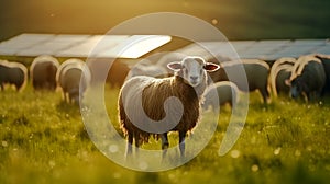 Sheep grazing in the evening sun in front of solar panels