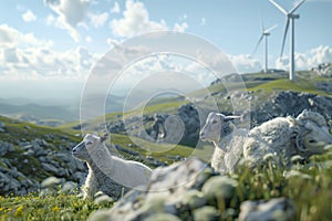 Sheep grazing in meadow as wind turbines spin in natural landscape