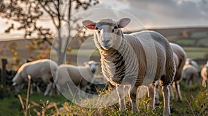 Sheep grazing peacefully in sunny field