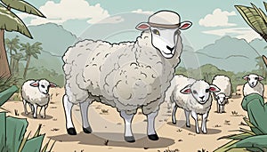 A sheep with a hat and a group of other sheep