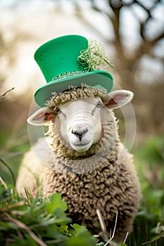 Sheep in a hat for St. Patrick's Day. Selective focus.