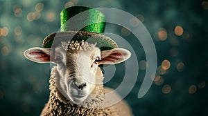 Sheep in a hat for St. Patrick's Day. Selective focus.