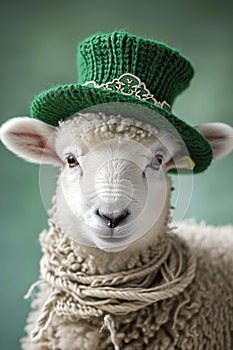 Sheep in a hat for St. Patrick's Day. Selective focus.