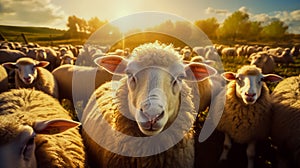 Sheep herd at green field