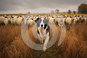 sheep herded by a border collie in an open field