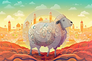Sheep illustration harmonizes with captivating Islamic-themed background