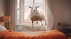 Sheep jumping on bed