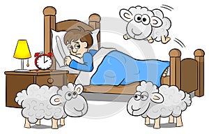 Sheep jumping over the bed of a sleepless man