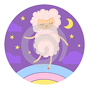 The sheep jumps on the rainbow and smiles. The concept of sleep, dreams, children's insomnia. The concept of sleep