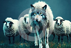 sheep and lamb. Wolf pretending to be a sheep concept