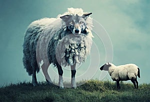 sheep and lamb. Wolf pretending to be a sheep concept
