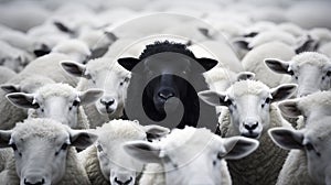 Sheep and lambs in a flock. Black sheep and white sheep. Generative AI