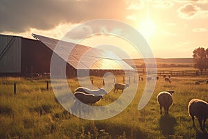 Sheep and lambs on green field with solar panels at sunset