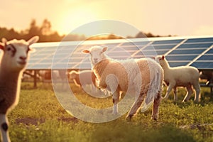 Sheep and lambs on green field with solar panels at sunset