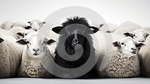 Sheep and lambs in a row on a white background. Generative AI photo