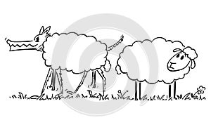 Sheep Looking at Wolf in Sheep's Clothing, Vector Cartoon Illustration