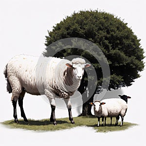 sheep lying in front of another isolated on a white background.