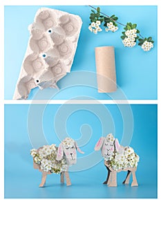 a sheep made out of egg carton box, empty toilet paper roll tube and flowers, process art, cut out of cardboard