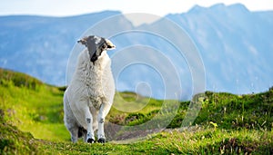 Sheep marked with colorful dye grazing in green pastures. Adult sheep and baby lambs feeding in green meadows of Ireland