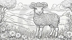 sheep in the meadow black and white, coloring book page, A lamb with wool and hooves,
