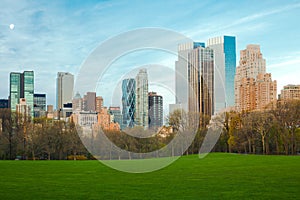 Sheep Meadow at Central Park and Midtown skyline in NYC