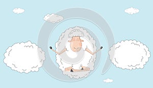 Sheep meditates in sky among the clouds as symbol