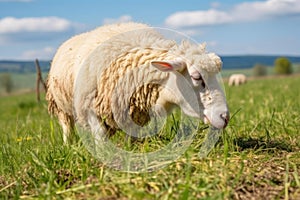 a sheep munching on grass in a calm field