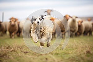 sheep obediently circling around herding dog