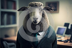 A sheep in an office suit sits at a desk working on a computer in the office.