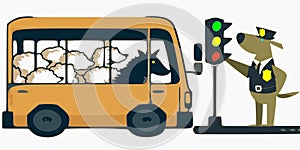 Sheep passengers wolf bus driver dog policeman traffic light vector graphics