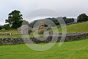 Sheep Pasture, Stone Walls and Barn near Hardraw, Hawes, North Yorkshire, England, UK