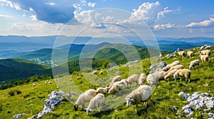 sheep peacefully grazing on a lush grassy meadow nestled near rugged rocky mountains, showcasing the harmonious