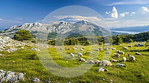 sheep peacefully grazing on a lush grassy meadow nestled near rugged rocky mountains, showcasing the harmonious