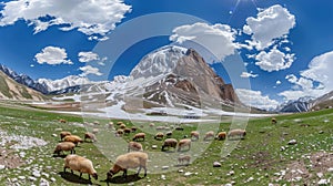 sheep peacefully grazing on a lush grassy meadow nestled near rugged rocky mountains, showcasing the harmonious