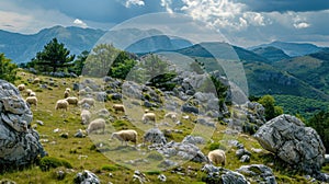 sheep peacefully grazing on a lush grassy meadow nestled near rugged rocky mountains, showcasing the harmonious