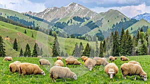 sheep peacefully grazing on a lush grassy meadow nestled near rugged rocky mountains, showcasing the harmonious