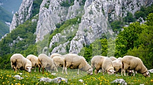 sheep peacefully grazing on a lush grassy meadow nestled near rugged rocky mountains, showcasing the harmonious