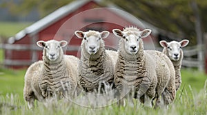 Sheep peacefully grazing by the shed in a serene and picturesque pastoral setting