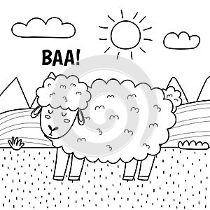 A sheep saying baa print in black and white. Coloring page with cute farm character photo
