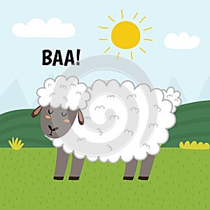 A sheep saying baa print. Cute farm character on a green pasture making a sound