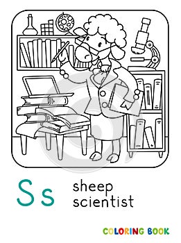 Sheep scientist coloring book. Animal Alphabet S