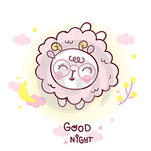 Sheep sleep cartoon and moon vector. Series: Magic sleeping time sweet dream pastel color, Kawaii animals girly