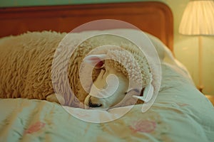 Sheep sleeping on bed, insomnia concept. Generative AI