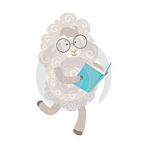Sheep Smiling Bookworm Zoo Character Wearing Glasses And Reading A Book Cartoon Illustration Part Of Animals In Library