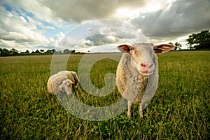 Sheep on grassy field against sky at farm