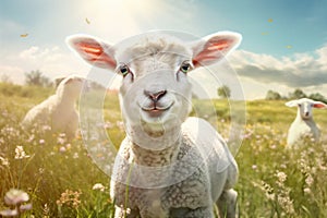 sheep sun field meadow animal grass wool farm green lamb. Generative AI.