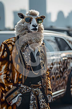A sheep in sunglasses and a coat standing by a car
