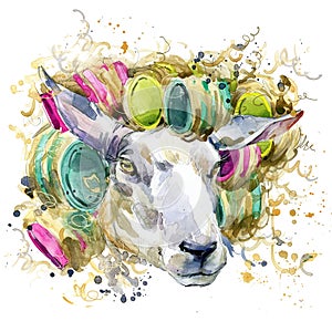 Sheep T-shirt graphics. sheep illustration with splash watercolor textured background. unusual illustration watercolor sheep for