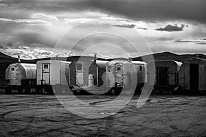 Sheep Wagons In Black And White At Sheep Camp